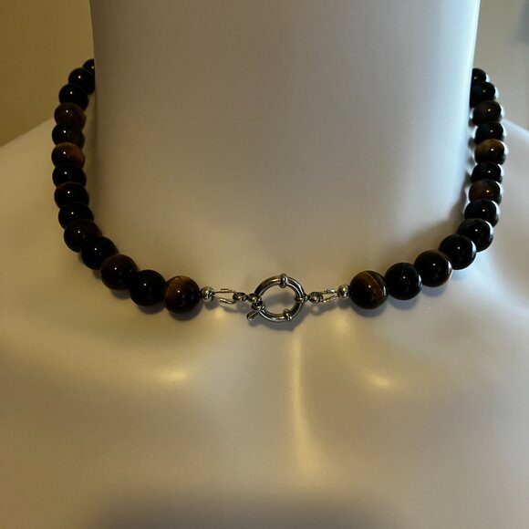Men's Tiger Eye and Obsidian Genuine Gemstones 18.5 inch Choker Handmade NEW - Picture 13 of 13